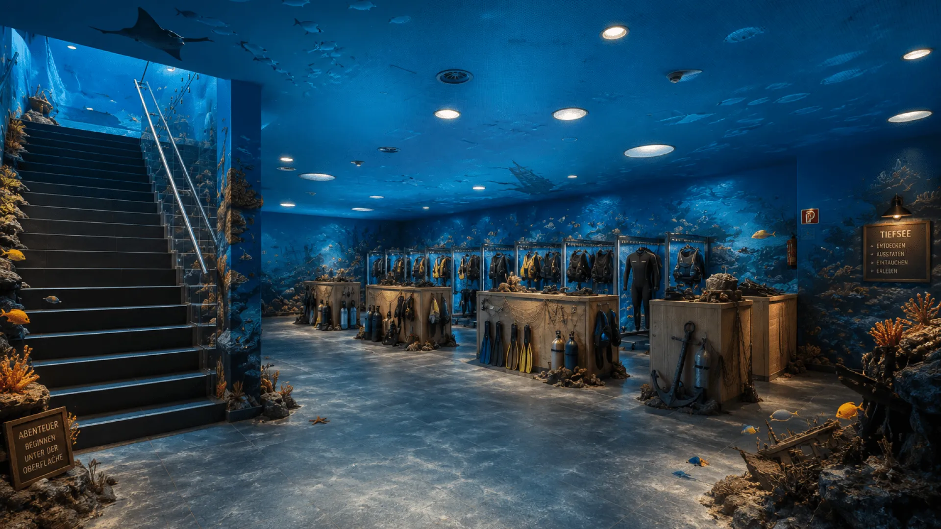 Unterwasserwelt mit Treppe und Ausstellungsstationen