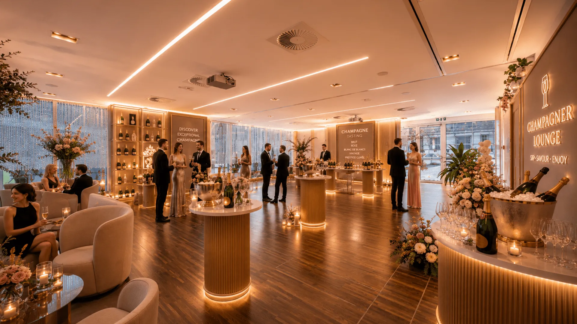 Elegante Champagnerverkostungs-Lounge mit Gästen und Dekor