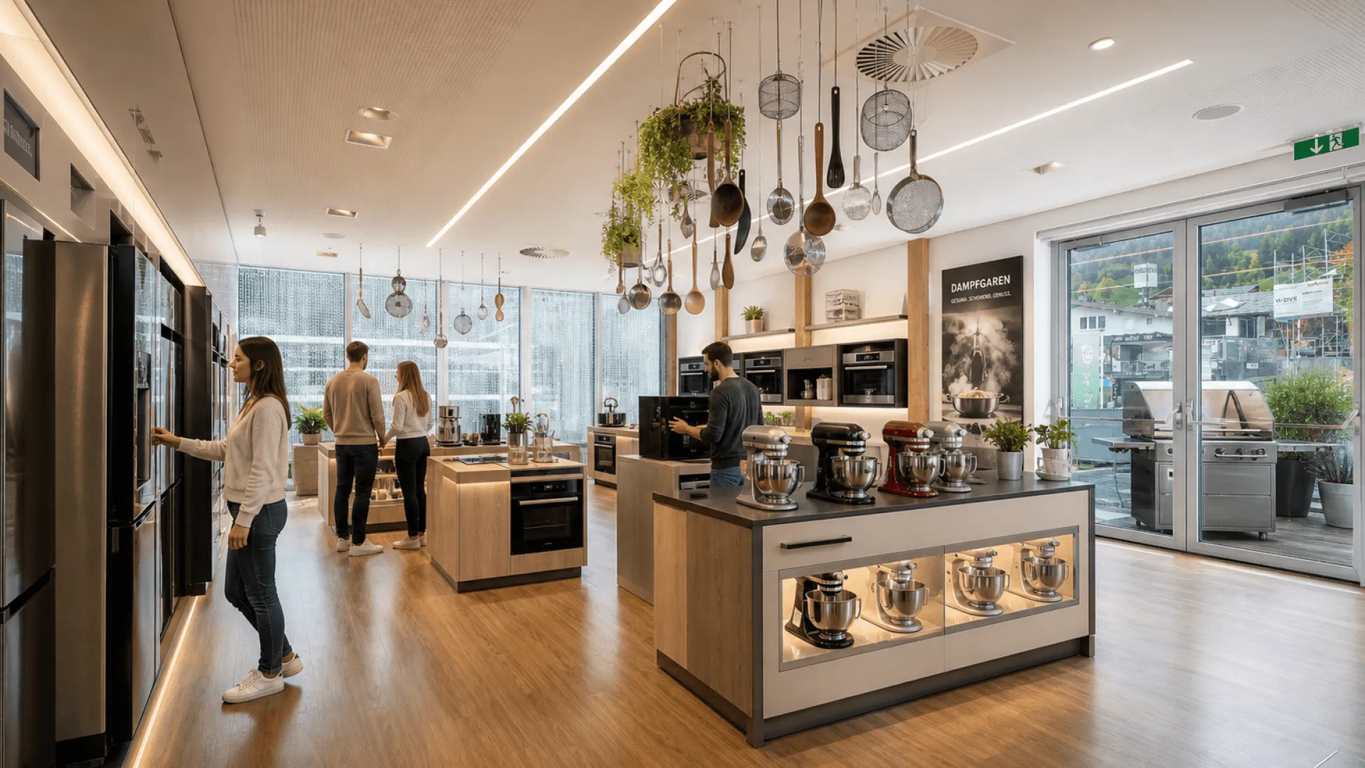 Moderne Küchenausstellung mit Geräten und Zubehör