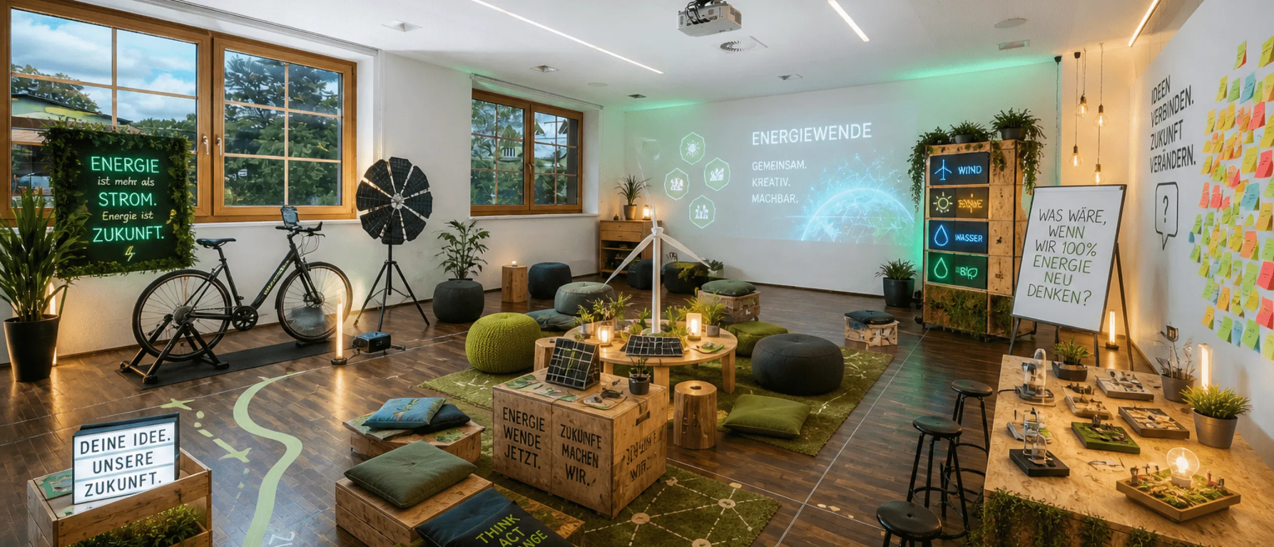 Workshop-Raum zur Energiewende mit Pflanzen und Möbeln