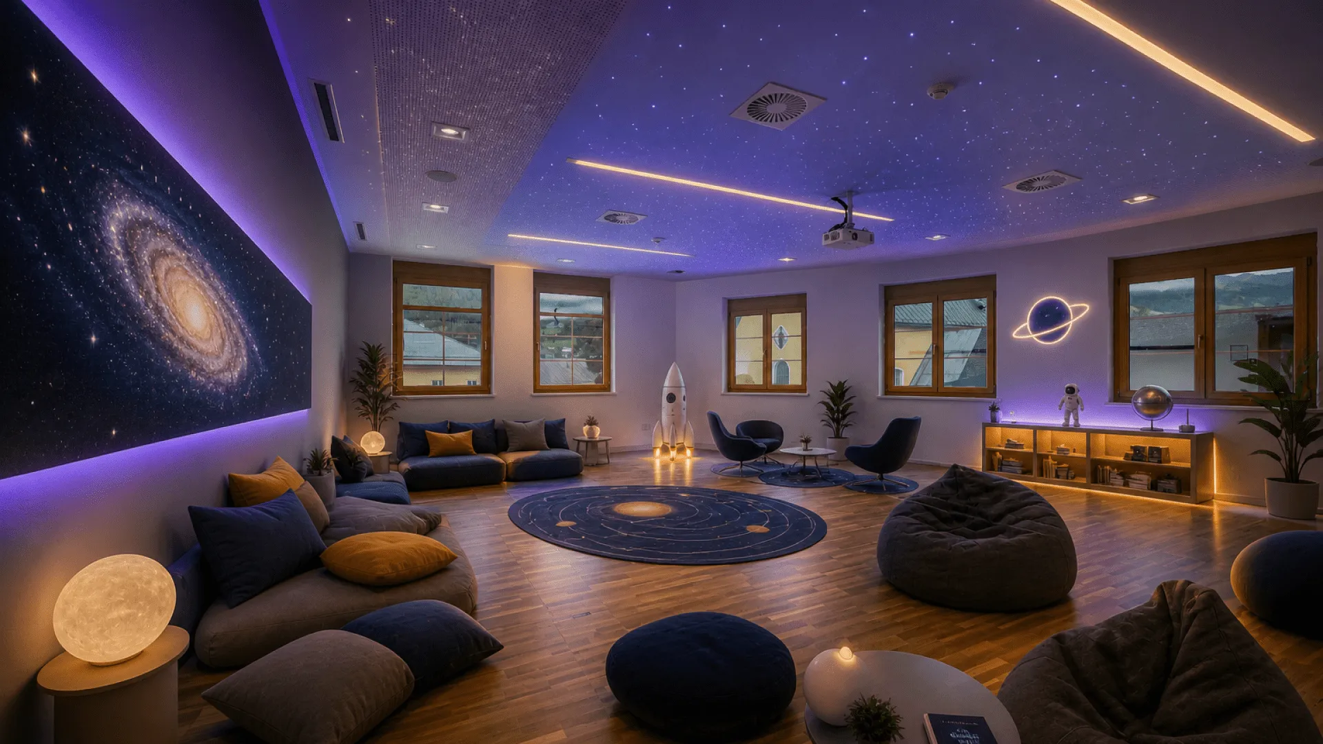 Moderne Lounge mit Galaxiemotiv und gemütlicher Atmosphäre