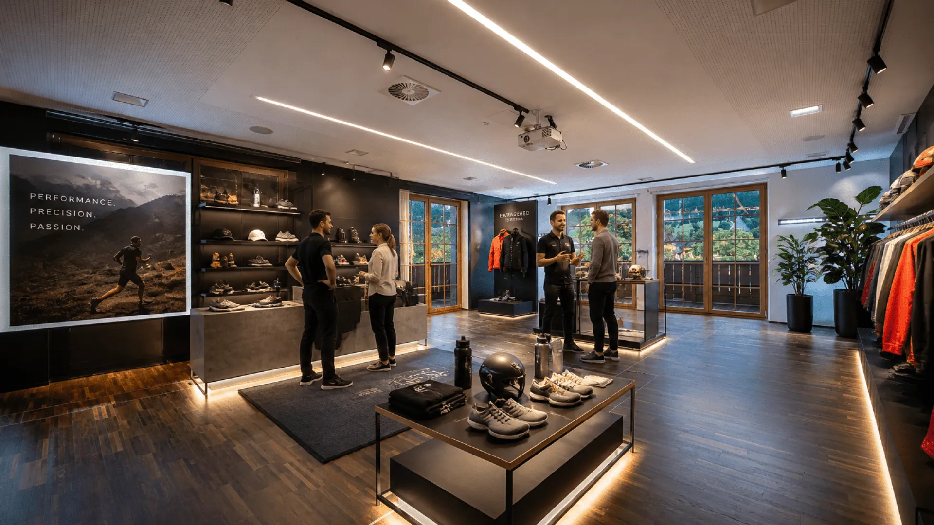 Moderne Sportausstellung mit Kunden und Produkten im Raum.