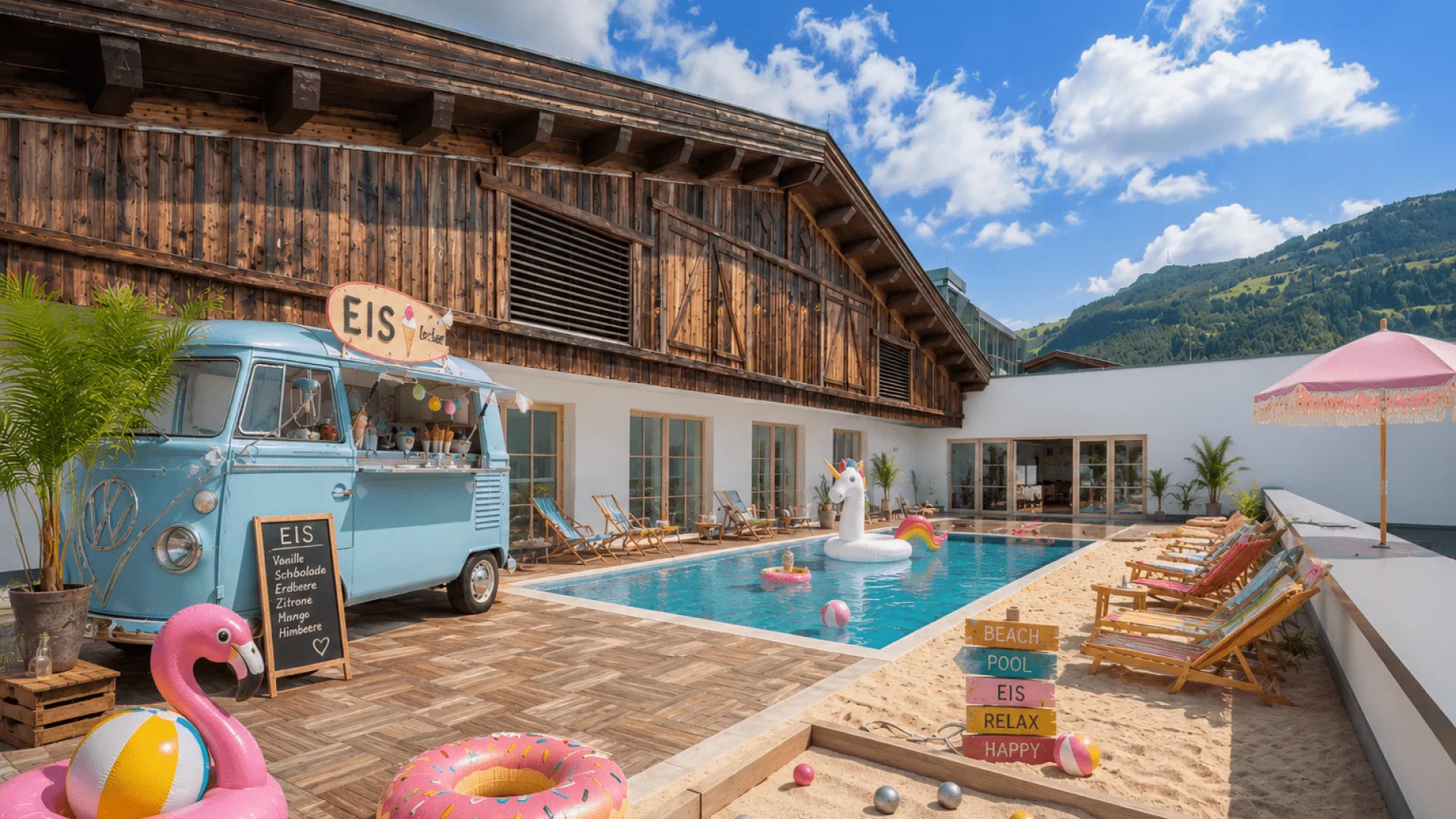 Pool mit Liegen, Eiswagen und Schwimmringen in der Nähe