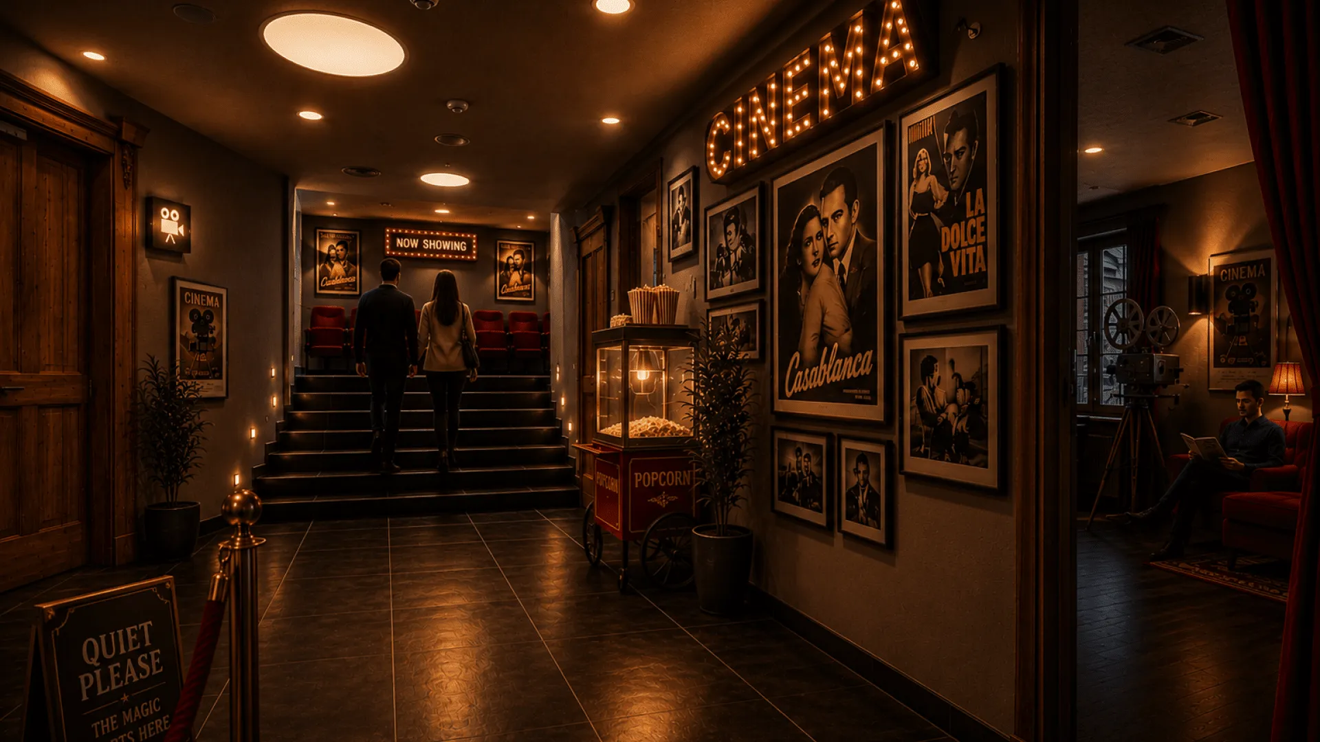 Eingang zu einem Kino mit Treppen und Filmplakaten