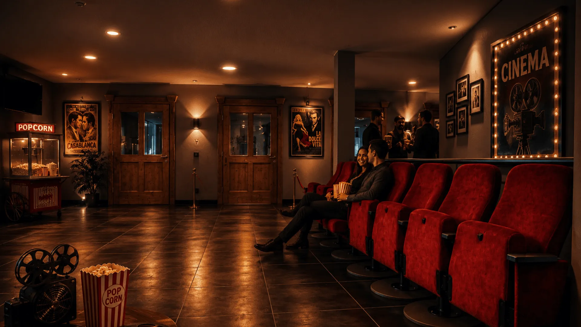Gemütlicher Foyer eines Kinos mit roten Sitzen und Popcornstand