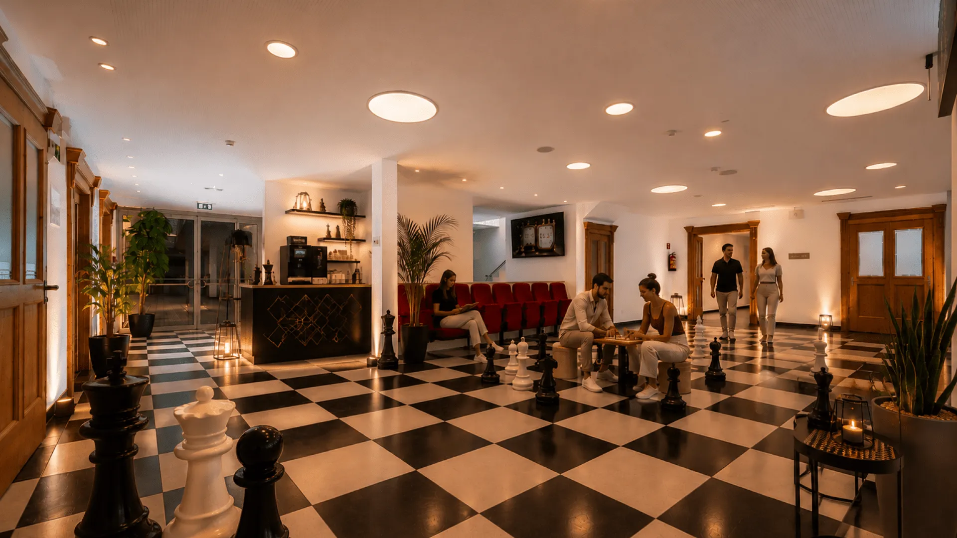 Moderner Foyer mit Schachfiguren und stilvollem Sitzbereich
